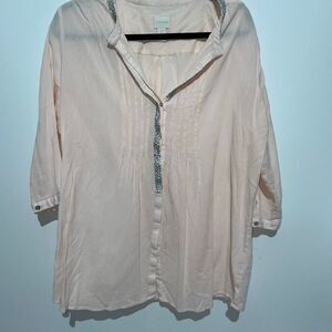 Chico's Women's Light Coral Silver Beaded Trim Button Up Tunic Top Size 2 Large